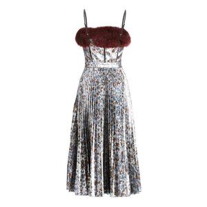 Tanya Taylor Metallic Nova Fox Fur Trimmed Pleated Midi Dress Size 2